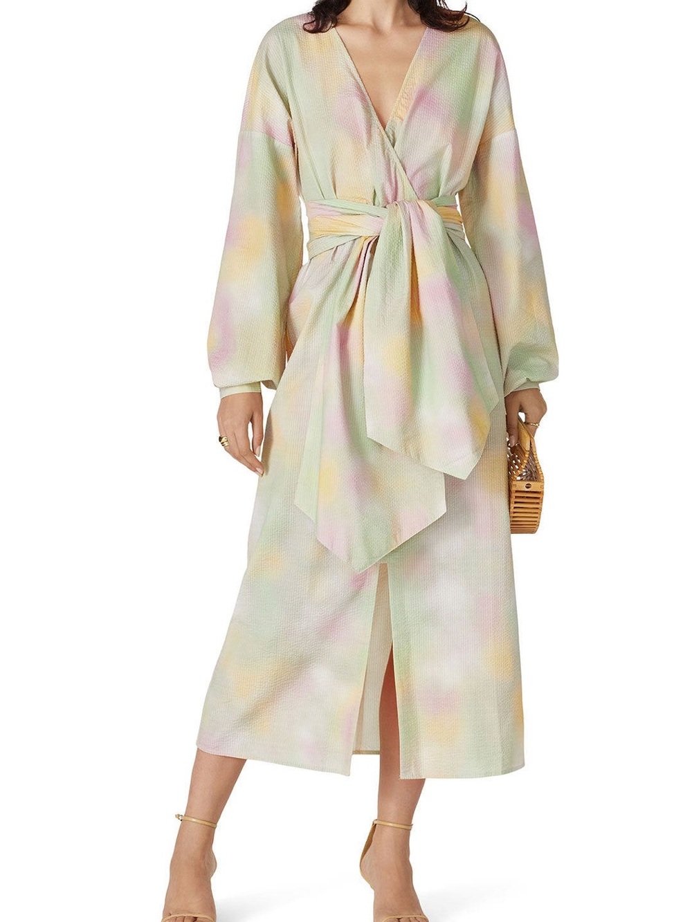Just Female Nikki Pastel Tie-Dye XS Cotton Wrap Maxi Dress Balloon Sleeves